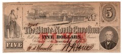 1863 $5 State of North Carolina, Raleigh Banknote – Choice Uncirculated! Crisp!