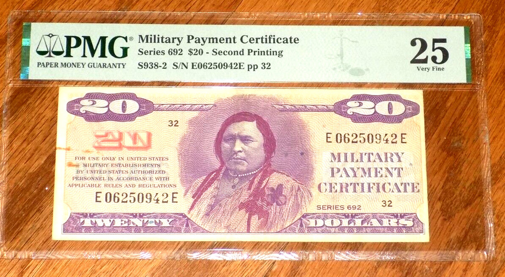 Military Payment Certificate Series 692 $20 Second Printing PMG 25 Very Fine