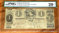 ONE DOLLAR Farmers Bank of Virginia Richmond $1 1861 PMG 20 NET Civil War Era