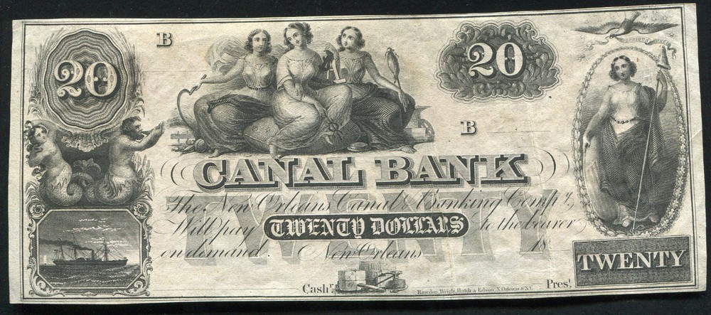 1800’S $20 CANAL BANK NEW ORLEANS, LA OBSOLETE «GUTTER FOLD ERROR»