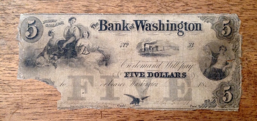 ~ 1850s $5 Bank of Washington, North Carolina Haxby G10