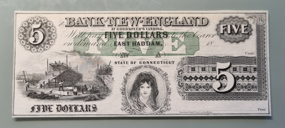 Obsolete Currency – 5 Dollars Bank of New England Connecticut Remainder #96312