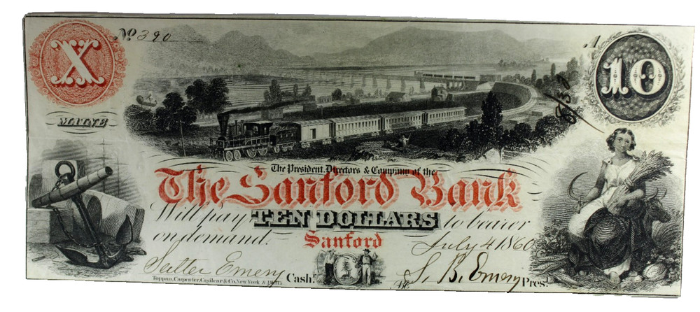 1860 Sanford, Maine – Sanford Bank $10 Note -VF Ungraded Signed, dated, numbered