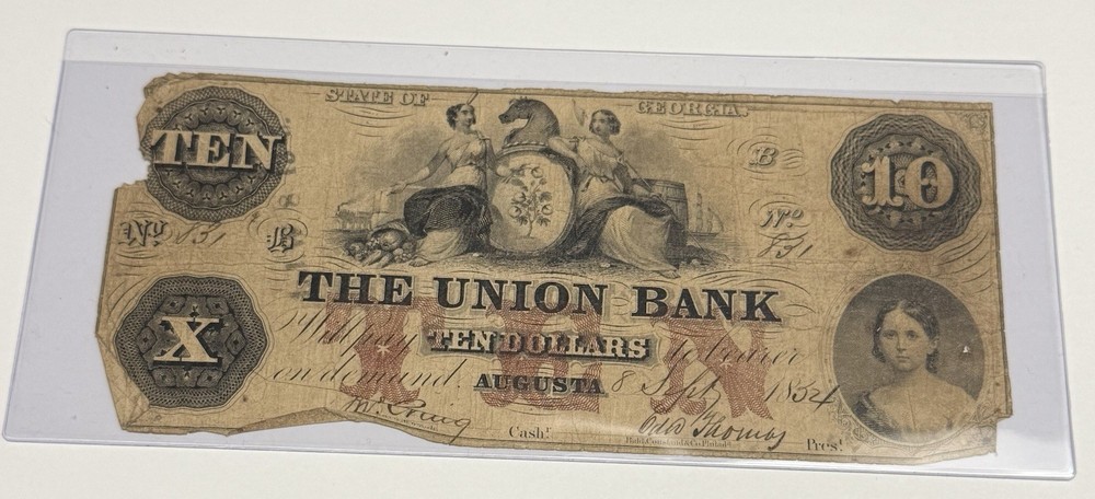 1854 $10 UNION BANK Georgia Obsolete Currency Note (Augusta, GA70G8a)