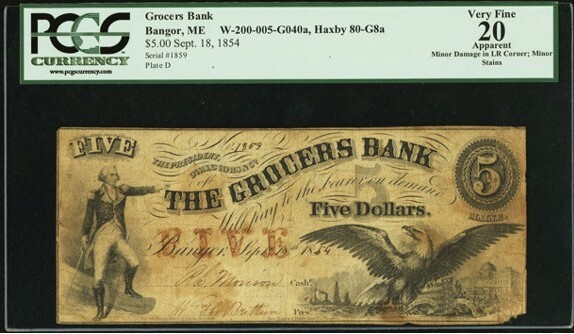 GROCERS BANK $ 5 SEPT. 18, 1854 BANGOR, MAINE PCGS VERY FINE 20 APPARENT