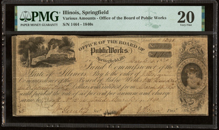 1840s ILLINOIS Springfield, Public Works Office Obsolete Banknote Currency, PMG