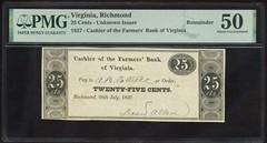 Richmond Farmers’ Bank of Virginia Remainder 25 Cents July 20, 1837 PMG AU 50