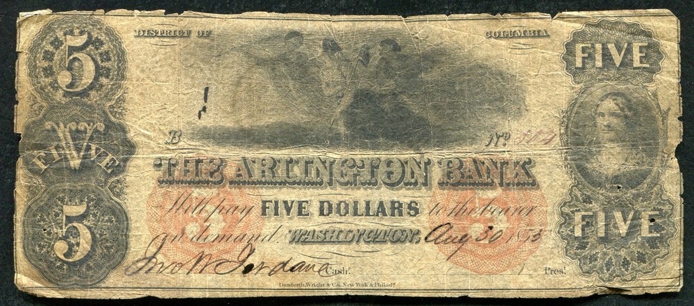 1855 $5 THE ARLINGTON BANK OF WASHINGTON, D.C. OBSOLETE CURRENCY NOTE