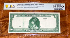 Malaysia / American Bank Company Specimen 1929 10 Units PCGS 64 PPQ Note