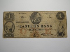 $1 1852 West Killingly Connecticut CT Obsolete Currency Bank Note Bill Eastern