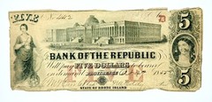 1855 $5 Five Dollars Bank of the Republic Providence, RI Obsolete Bank Note
