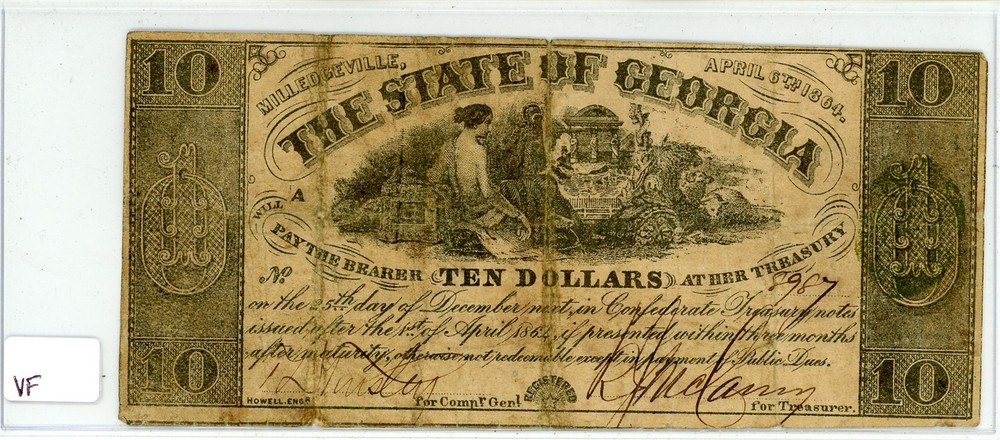 1864 $10 Milledgeville, GA Obsolete Note in VF Condition 8987