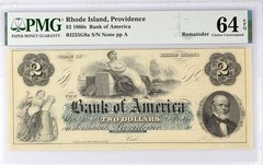 1860’s $2 Note Bank of America, Providence Rhode Island PMG 64 EPQ