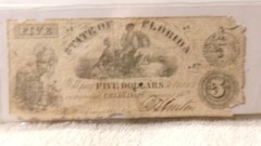 Authentic Confederate State Of Florida Obsolete 5 dollars Note Paper Money 1862.