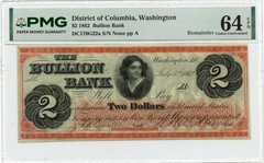 1862 $2 Washington, District of Columbia Obsolete Note Bullion Bank PMG CU64 EPQ