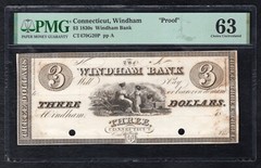 1830’s $3 THE WINDHAM BANK CONNECTICUT OBSOLETE “PROOF” PMG UNCIRCULATED-63