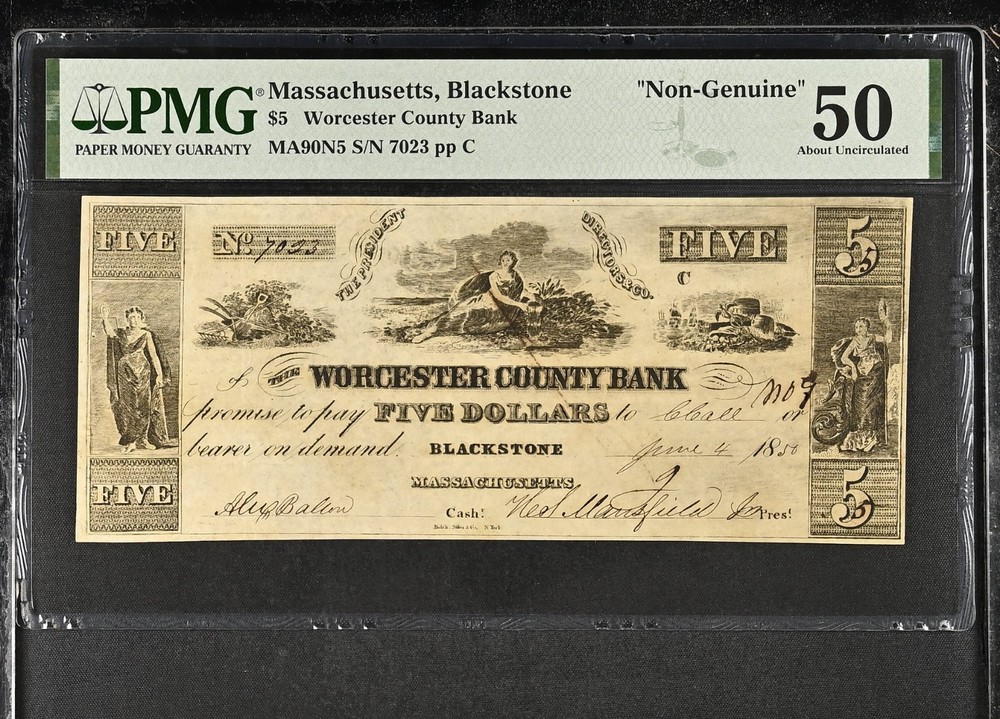 1850 Blackstone MA $5 Obsolete Note – Worcester County Bank PMG AU50 Counterfeit