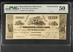 1850 Blackstone MA $5 Obsolete Note – Worcester County Bank PMG AU50 Counterfeit