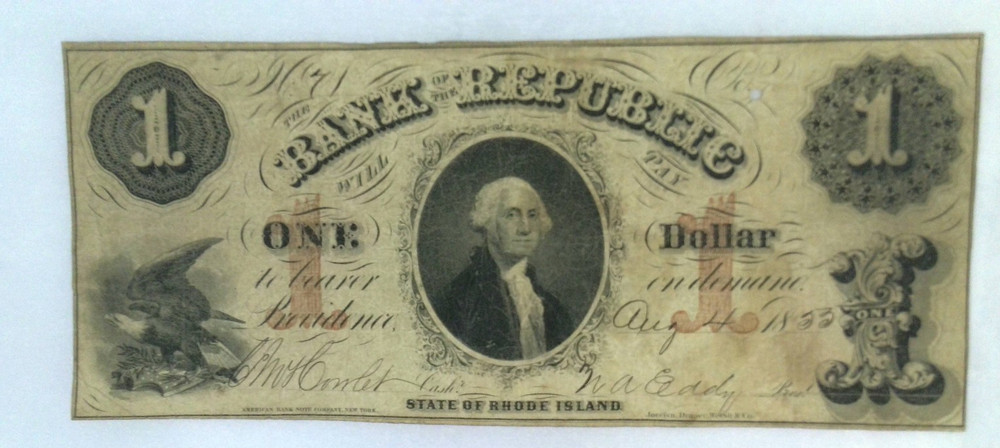 1853 Bank of the Republic Providence Rhode Island $1 Obsolete Note VF