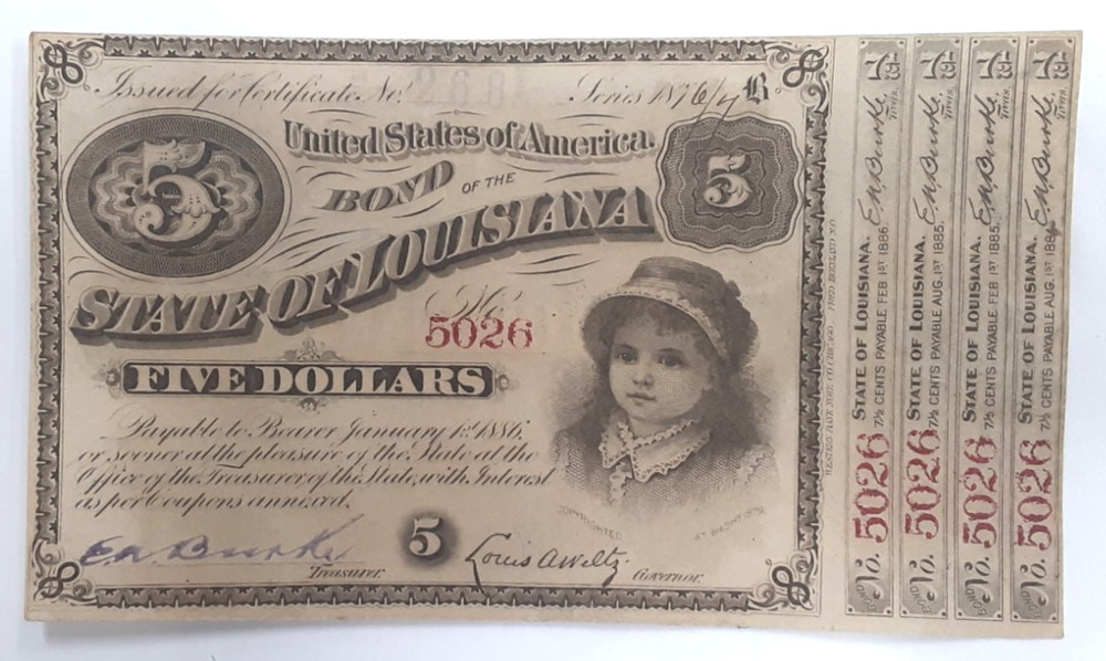 1886 State of Louisiana $5 Baby Bond w/Coupons Crisp AU