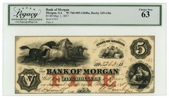 1857 Bank of Morgan Georgia GA $5 Obsolete Note LCG UNC 63 Haxby 235-G8a (67600)