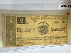 BANK NOTE OBSOLETE CURRENCY City of Portsmouth Two Dollars 1861 WN-129