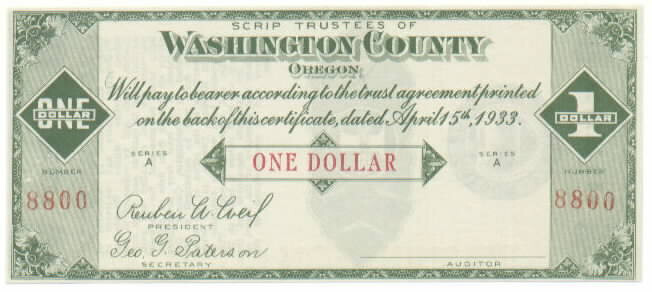 OREGON: Washington County Scrip 1933 1 Dollar, OR380-1. Uncirculated.