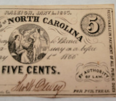 1863 State of Raleigh, NC 5 Cents CRNC148 Obsolete Currency 22029