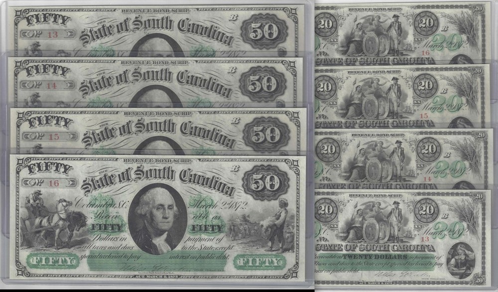 Matching 2-digit SN Consecutive Sets 1872 $50 & $20 Obsolete Columbia SC Gem UNC