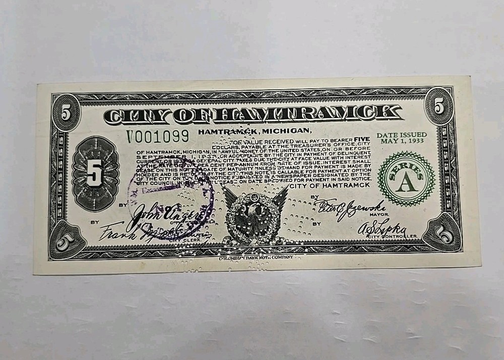 1933 Depression Script Banknote $5 City Of Hamtramck Great Condition