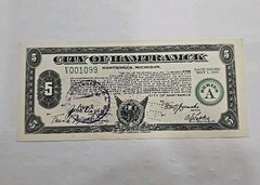 1933 Depression Script Banknote $5 City Of Hamtramck Great Condition