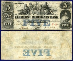 USA 5 DOLLARS 1854 FAMERS & MERCHANTS BANK OF MEMPHIS TN – BLUE FIVE