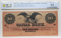 1860’s $10 Canal Bank New Orleans Louisiana BLACK EAGLE PCGE 64 CHOICE UNC