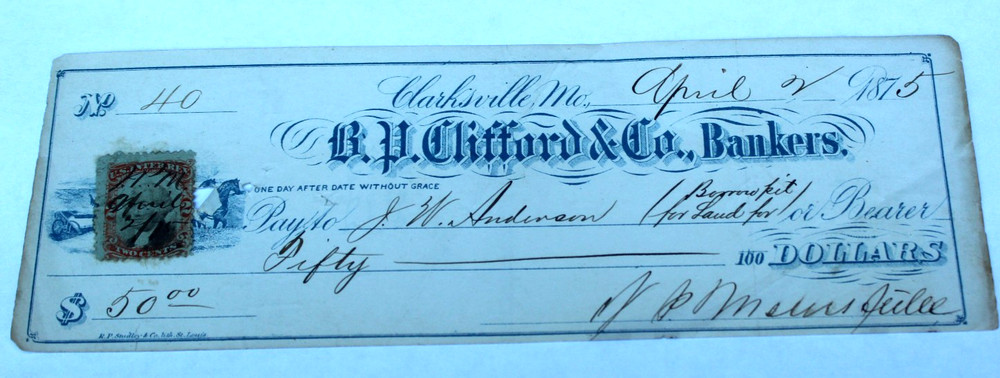 1875 CLIFFORD & CO XF+ NICE CRISP PAID LARGE BRIGHT CHECK REVENUE STAMP