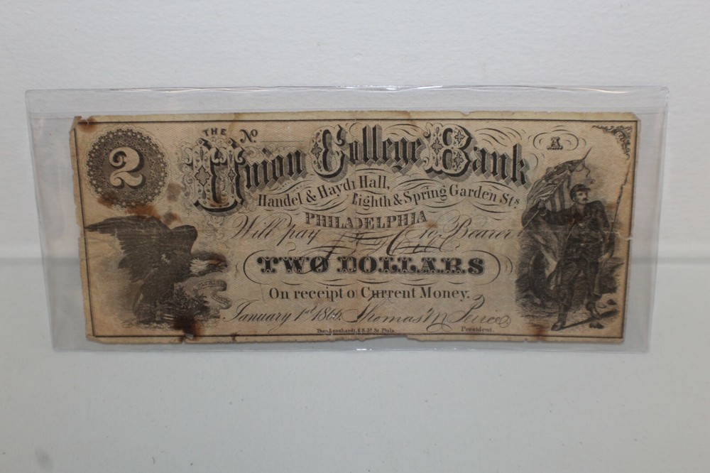 1866 Union College Bank Note Philadelphia PA Two Dollars 2 Spring Garden St