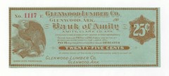 1900’s 25c Glenwood Lumber Co. – Glenwood, ARKANSAS Scrip at Bank of Amity UNC