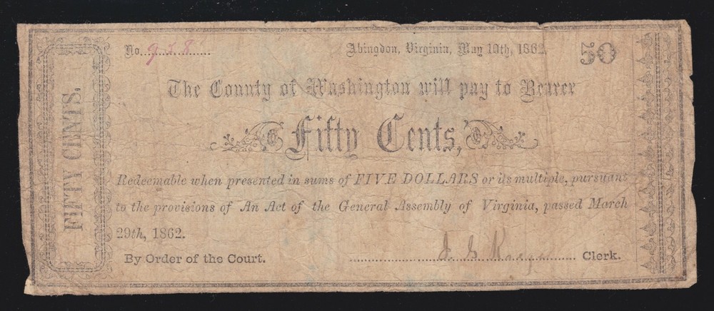 US 50c 1862 County of Washington Virginia Obsolete Currency Note F-VF