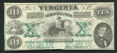 1862 $10 VIRGINIA TREASURY NOTE RICHMOND, VA OBSOLETE “TEN WATERMARK” UNC