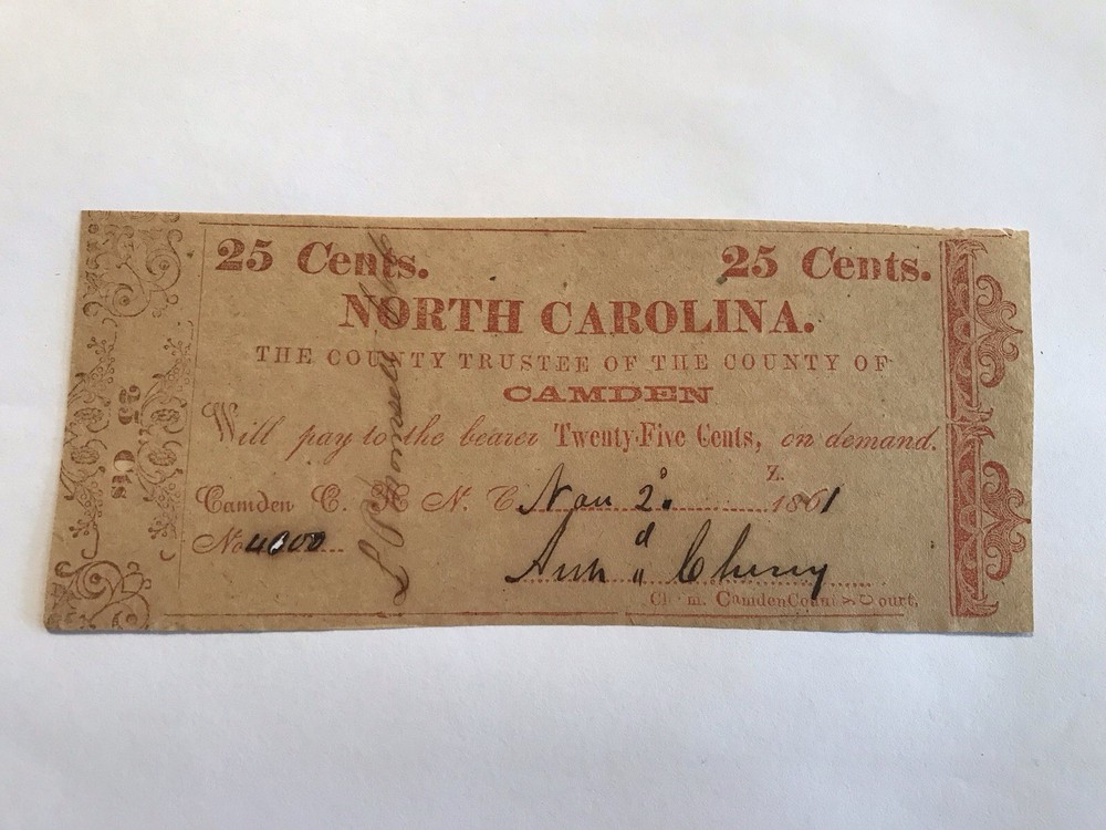 A&O-1861 Camden County,North Carolina 25 Cents Genuine CAM 35B NC-Error