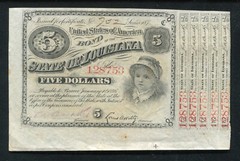 1870’s $5 FIVE DOLLARS STATE OF LOUISIANA BABY BOND CERTIFICATE ABOUT UNC (C)