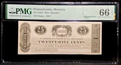 1837 PENNSYLVANIA Marietta Barr Spangler 25c Banknote Obsolete Currency, PMG 66