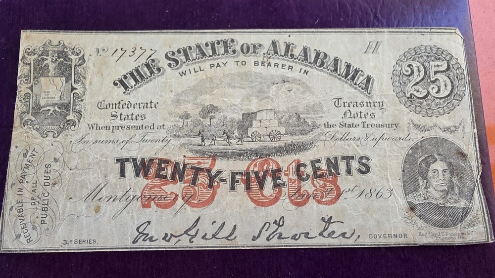 1963 Alabama Bank Note Twenty Five Cents Cival War Era