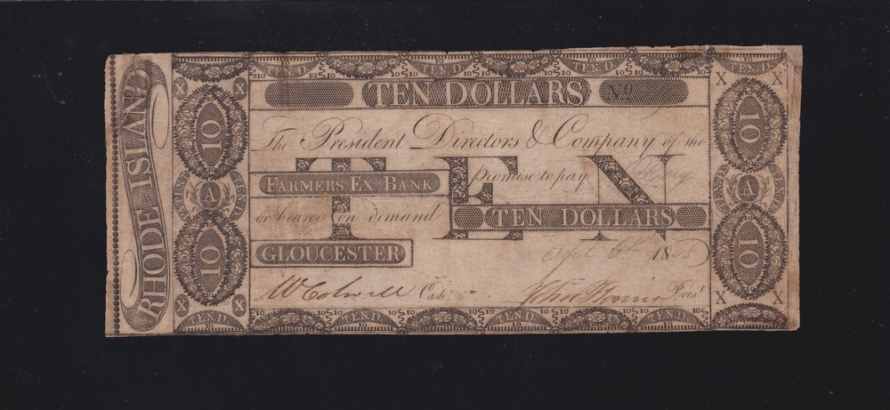 US $10 Rhode Island Farmers Exch Bank Obsolete Currency F-VF Durand #456