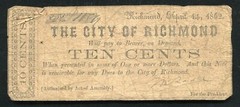 1862 10 CENTS THE CITY OF RICHMOND VIRGINIA OBSOLETE SCRIP NOTE  