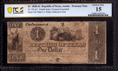 1841 $1 REPUBLIC OF TEXAS AUSTIN TREASURY NOTE CR-TX-A1 PCGS B CHOICE FINE F 15