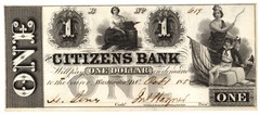 1852 $1 Citizens Bank Washington D.C. Obsolete Note -Crisp Uncirculated! Choice!