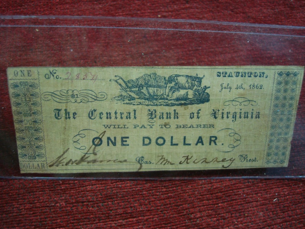 1862 CENTRAL BANK OF VIRGINIA – ONE DOLLAR NOTE PRINTED ON RECYCLED $5.00 NOTES