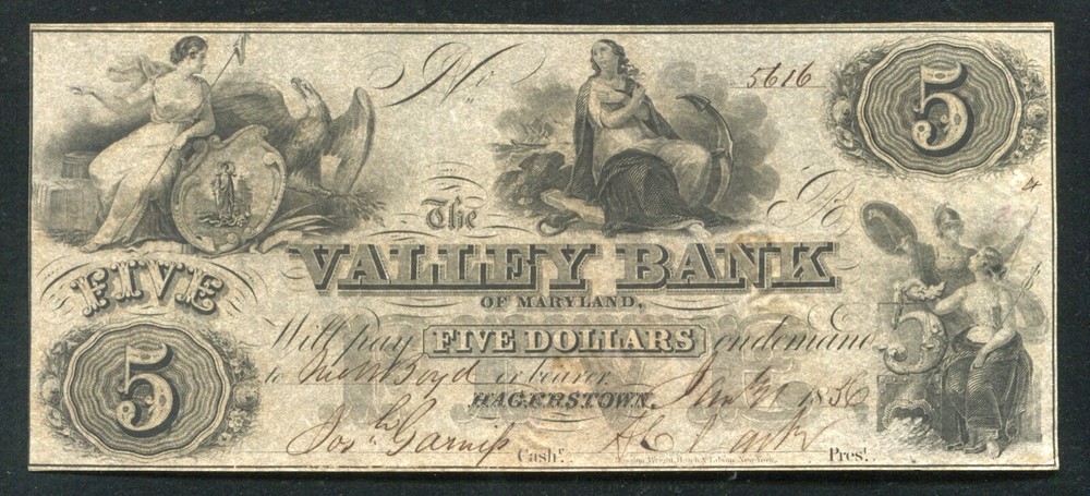 1856 $5 THE VALLEY BANK HAGERSTOWN, MD OBSOLETE CURRENCY NOTE ABOUT UNC