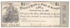 1863 Planters’ Bank of the state of Georgia, Savannah GA $1 Note No.350 (58552)