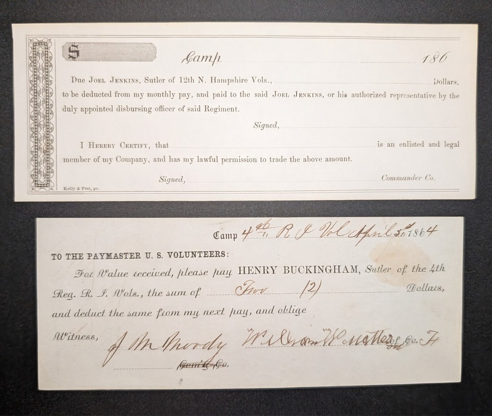 Two Civil War Sutler Notes – 4th Rhode Island (Issued), 12th N.H. (Remainder)